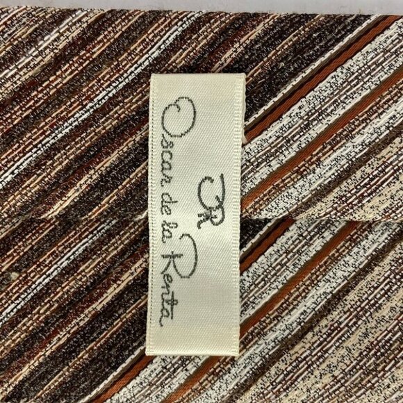 Oscar De La Renta Brown Striped Tie Tan Retro Strech Poly Cotton Business Casual - Picture 5 of 8